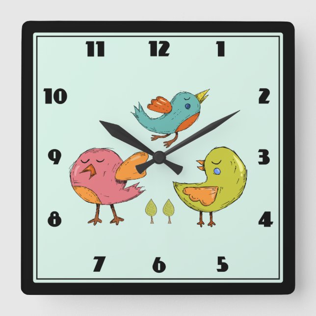Colorful Cute Whimsical Birds Square Wall Clock (Front)