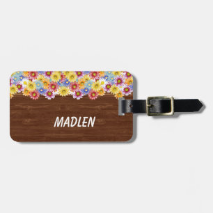 Colorful Daisies on Wood Luggage Tag