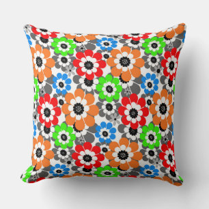 Colorful Daisy flowers Red Blue Green Retro Cushion