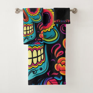 Colorful Day of the Dead Sugar Skull Halloween  Bath Towel Set