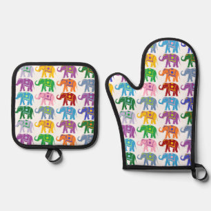 Colorful Decorative Elephants Pattern Oven Mitt & Pot Holder Set