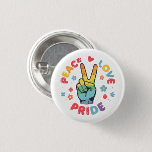 Colorful design with peace, love and pride hand 3 cm round badge