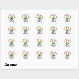 Colorful design with peace, love and pride hand square sticker