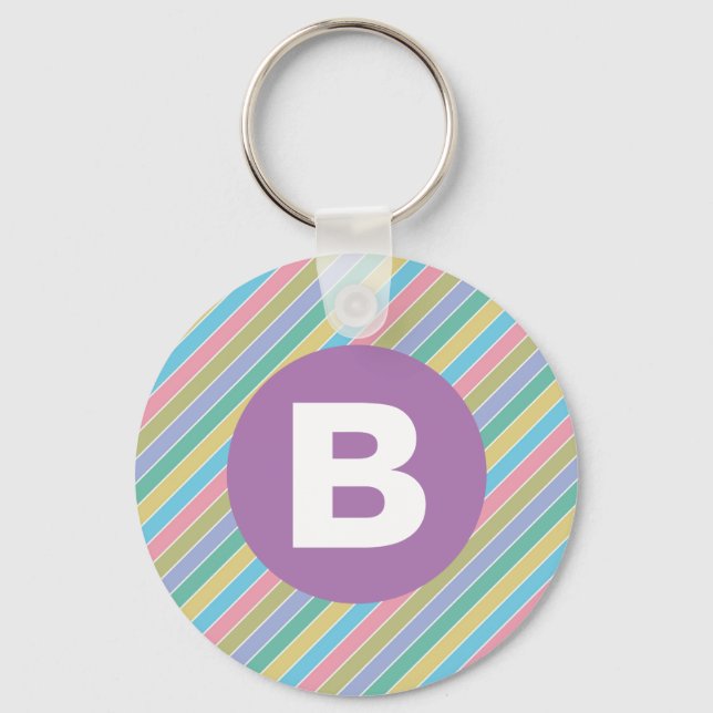 Colorful Diagonal Candy Stripes Purple Monogram Key Ring (Front)
