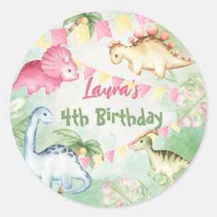 Colorful dinosaur birthday party personalized name classic round sticker