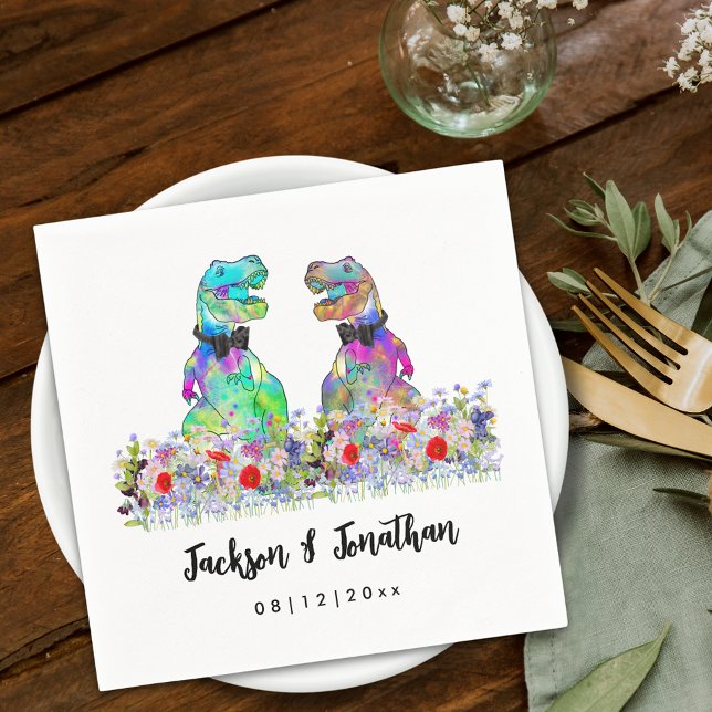 Colorful Dinosaur Gay Wedding T-Rex Two Grooms Napkin (Colorful dinosaur gay wedding custom napkins T-Rex dino 2 grooms watercolor wildflowers)