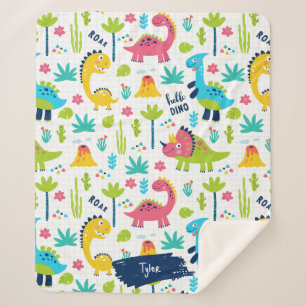 Colorful Dinosaur Pattern with Kids Name Sherpa Blanket