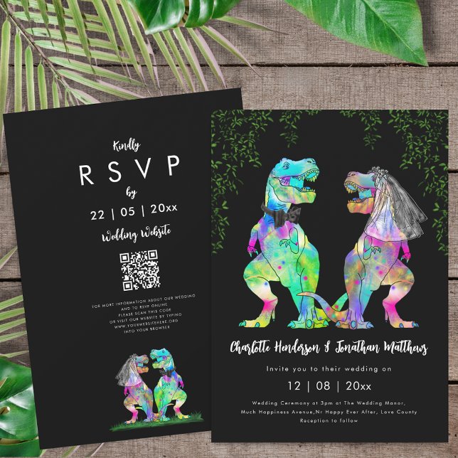 Colorful Dinosaur theme Wedding QR Code Invitation (Colorful T-Rex bride and groom dinosaur black white wedding qr code invitation T-Rex bride and groom)