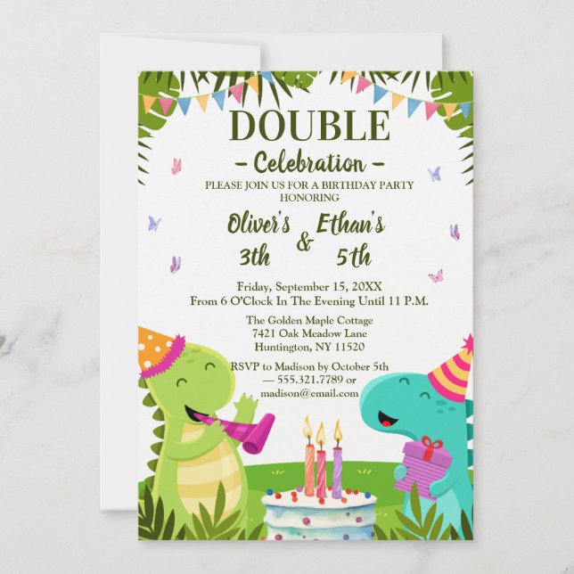 Colorful Dinosaurs Kids Joint Birthday Invitation (Front)