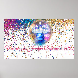 Colorful Disco Bowling 1985 40th Birthday Party Poster