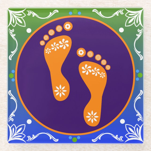 Colorful Diwali Rangoli With Footprint Glass Coaster (Front)