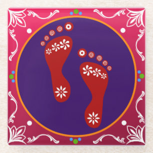 Colorful Diwali Rangoli With Footprint Glass Coaster