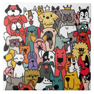 Colorful dog doodles art ceramic tile
