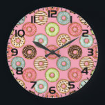 Colorful Donut Pattern Cute Sweet Treats Large Clock<br><div class="desc">Keep track of time with a touch of sweetness using this colorful donut pattern wall clock. This decorative timepiece features a seamless illustration of various glazed doughnuts and sprinkles on a soft pink background. It is an ideal addition to kitchens, bakeries, kids rooms, or home offices where a playful aesthetic...</div>