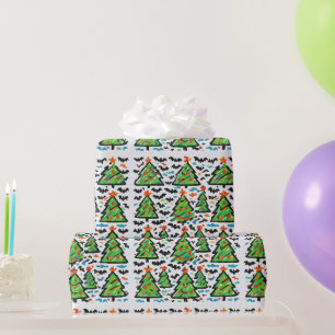 Colorful Doodle Christmas Trees Bats Wrapping Paper