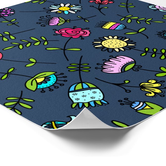 Colorful Doodle Flower Pattern on Dark Blue Poster (Corner)