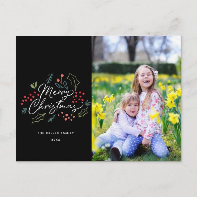 Colorful Doodles Merry Christmas Photo Black Holiday Postcard (Front)
