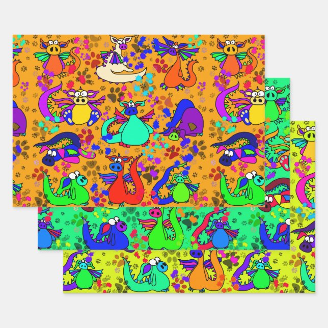 Colorful Dragon Cartoon Gift Wrap Set (Set)