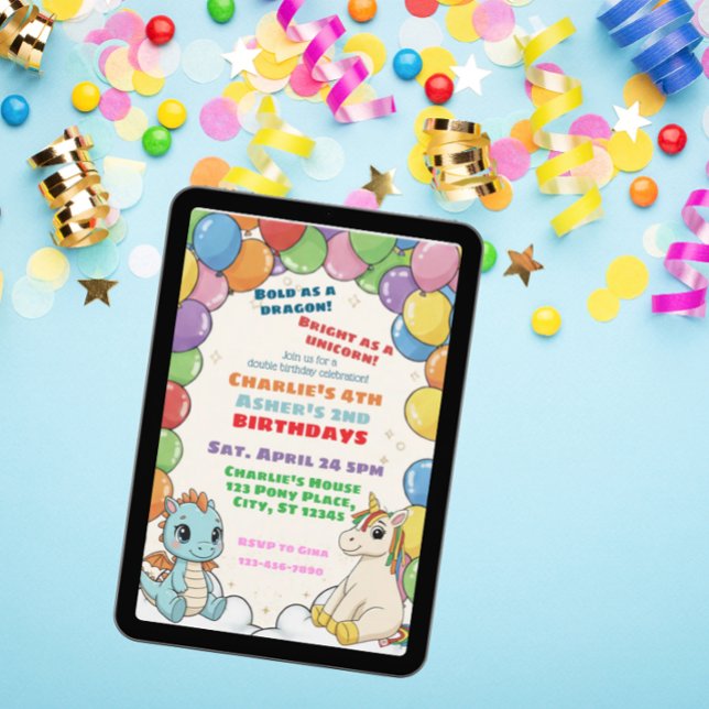 Colorful Dragon & Unicorn Double Celebration Invitation (Creator Uploaded)