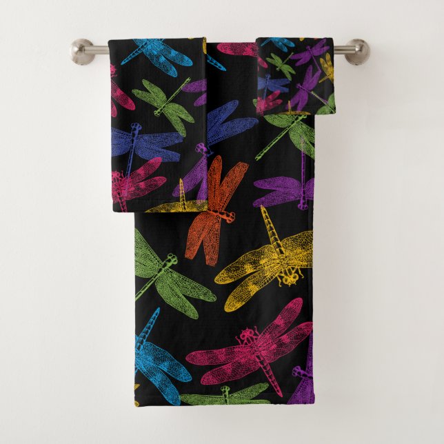 COLORFUL DRAGONFLIES ABSTRACT FLYING PATTERN BATH TOWEL SET (Insitu)