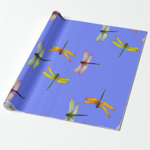 COLORFUL DRAGONFLIES ON BLUE WRAPPING PAPER