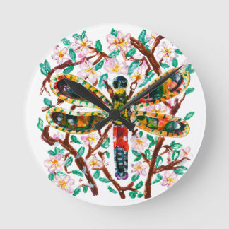 Colorful Dragonfly Among Cherry Blossoms Round Clock