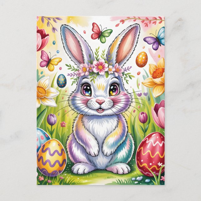 Colorful Easter Bunny Illustration with Crown  Postcard (Front)