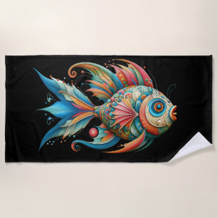 COLORFUL ELABORATE DECORATED WHIMSICAL FISH BEACH TOWEL