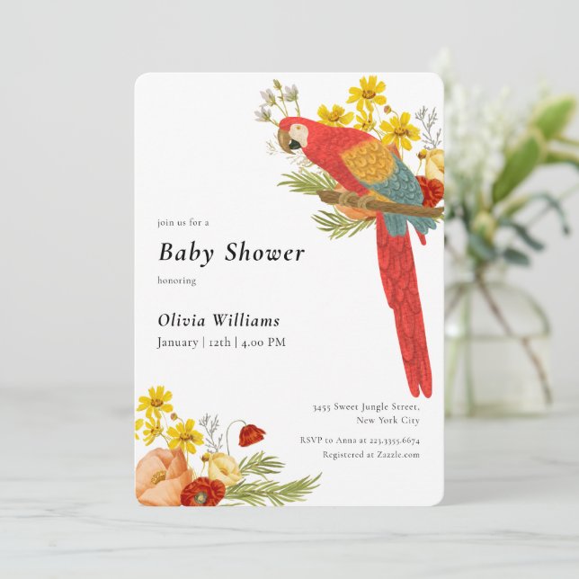 Colorful Elegant Floral Parrot Bird Baby Shower  Invitation (Standing Front)