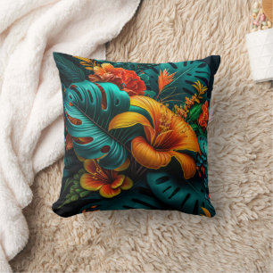 Colorful Elegant Tropical Leaves and Flowers   Cushion