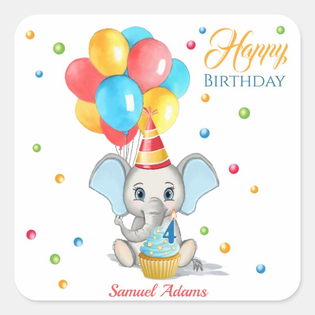 Colorful Elephant Cartoon Kids Birthday Square Sticker (Front)
