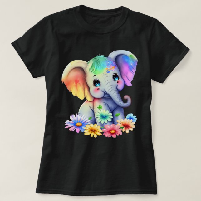  Colorful Elephant With Flowers In Watercolor T-Shirt (Design Front)