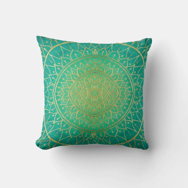 Colorful Emerald Green Gold Mandala Cushion (Front)