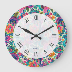 Colorful ethnic paisley pattern large clock