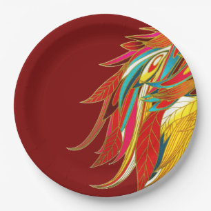 Colorful Exotic Tribal Feathers Red Paper Plate