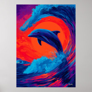 Colorful Expressionist Dolphin Wave Wall Art
