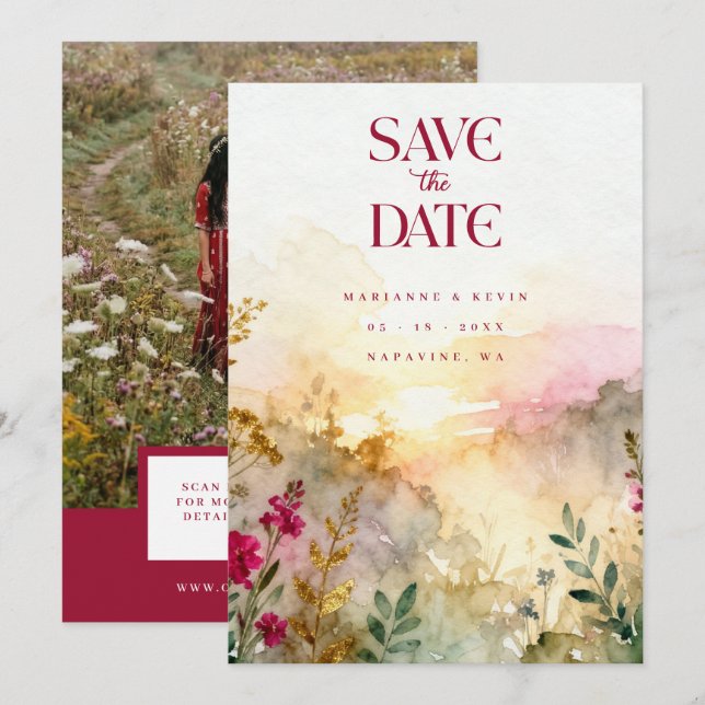 Colorful Exquisite Wildflowers Field Wedding Photo Save The Date (Front/Back)