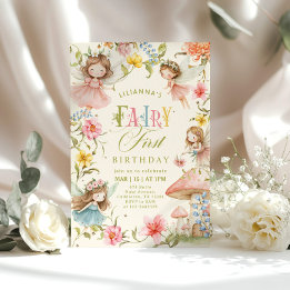 Colorful Fairy First Birthday Enchanted garden Invitation