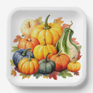 COLORFUL FALL GOURDS & AUTUMN PUMPKINS PAPER PLATE