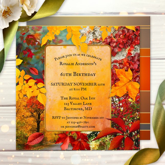 Colorful Fall Leaves Birthday or Retirement Invitation (Artistic boho chic fall birthday party invitation with colorful autumn leaves - or retirement!)