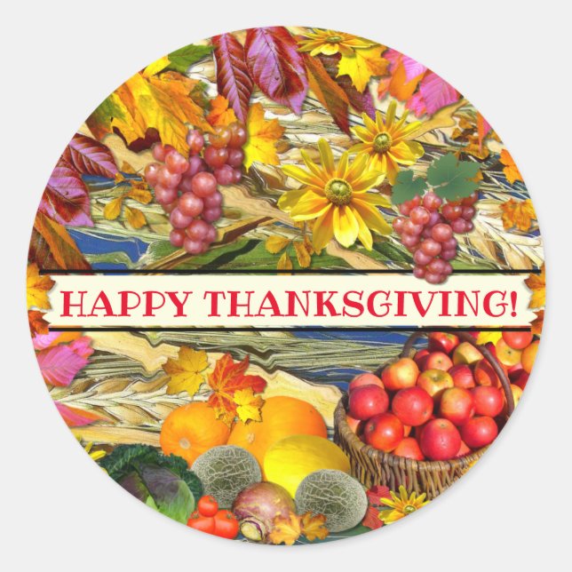 Colorful Fall Produce Happy Thanksgiving Classic Round Sticker (Front)