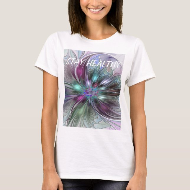 Colorful Fantasy Abstract Fractal Flower Text T-Shirt (Front)