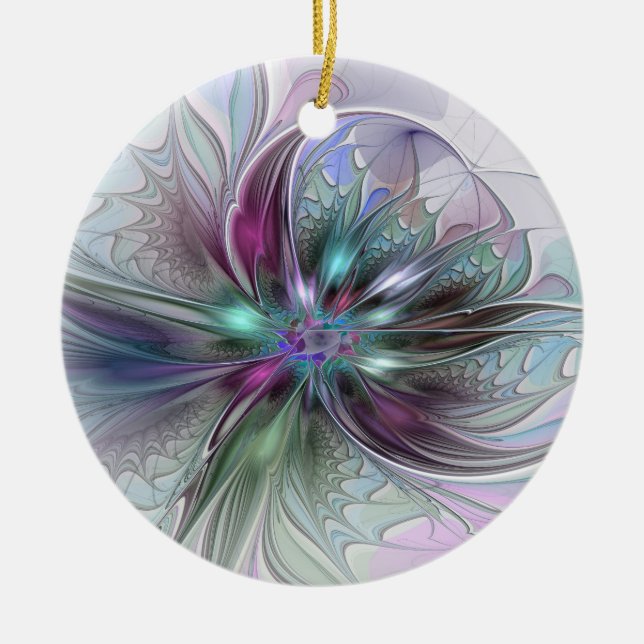 Colorful Fantasy Abstract Modern Fractal Flower Ceramic Ornament (Front)