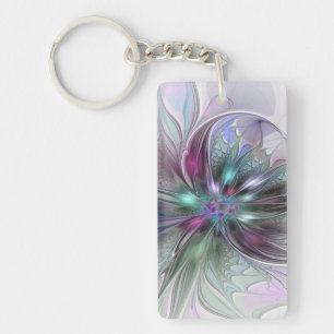 Colorful Fantasy Abstract Modern Fractal Flower Key Ring