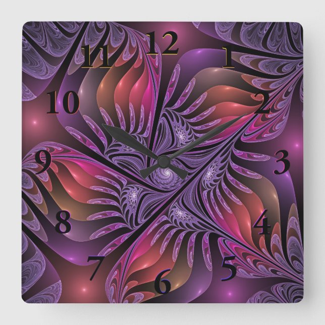 Colorful Fantasy Abstract Trippy Purple Fractal Square Wall Clock (Front)