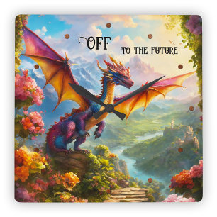 Colorful Fantasy Dragon Off to the Future Square Wall Clock