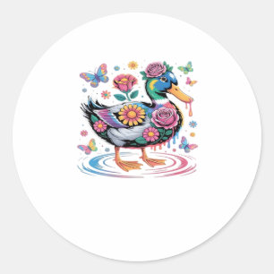 Colorful Fantasy Duck with Flowers and Butterflies Classic Round Sticker