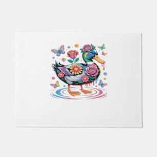 Colorful Fantasy Duck with Flowers and Butterflies Doormat