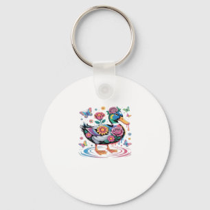 Colorful Fantasy Duck with Flowers and Butterflies Key Ring