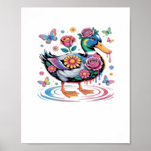 Colorful Fantasy Duck with Flowers and Butterflies Poster